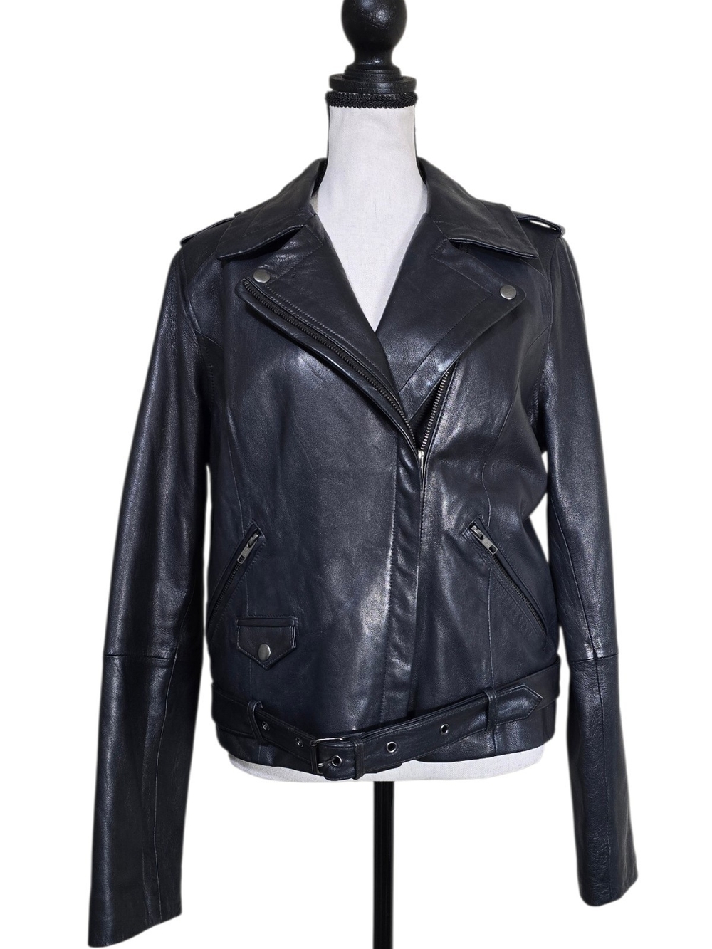 Worthington Black Genuine Leather Asymmetrical Moto Jacket Women’s Medium Y2K